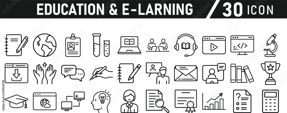 Education and E-Learning icon set. Tuition, e-learning, Batch, educational tools, and digital education icons. Solid icon collection. Education and E-Learning icon set. Tuition, e-learning, Batch, educational tools, and digital education icons. Solid icon collection.