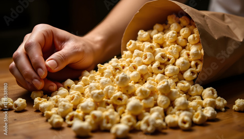 Feeling the warm buttery aroma wafting through the air as you reach into the bag of freshly popped corn, each piece satisfyingly crunchy and flavorful with the perfect balance of saltiness