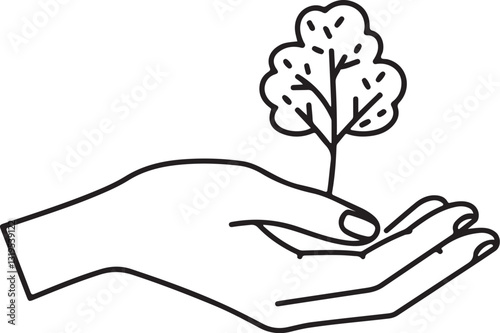 Black Outline Vector of Hand Holding Small Tree, Symbolizing Eco-Consciousness