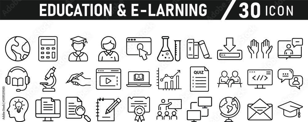 Fototapeta premium Education and E-Learning icon set. Tuition, e-learning, Batch, educational tools, and digital education icons. Solid icon collection.