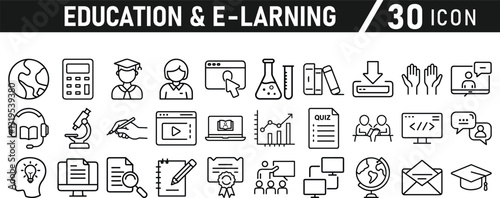 Education and E-Learning icon set. Tuition, e-learning, Batch, educational tools, and digital education icons. Solid icon collection.