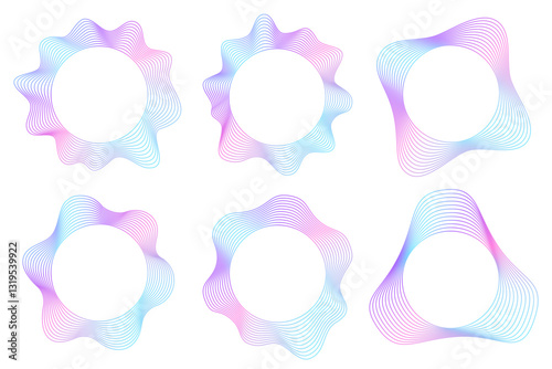 Geometric distortion circles set, colored wavy curve design, round sound wave frames, futuristic style wave element collection, radial curvy shapes, doodle distorted concentric rings, simple design