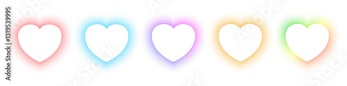 Gradient neon heart shape set, colorful blend mesh heart frames lines with soft light different colors