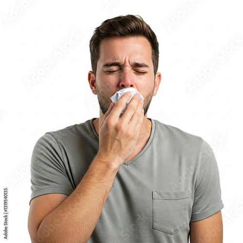 A man with a cold, sneezing photo