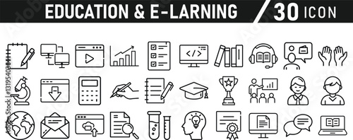 Education and E-Learning icon set. Tuition, e-learning, Batch, educational tools, and digital education icons. Solid icon collection.