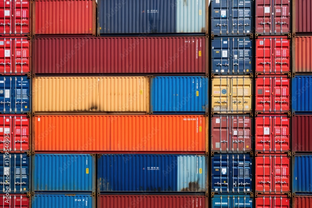 Fototapeta premium Stacked Shipping Cargo Freight Container. Stacked Cargo Shipping Containers Global Trade Logistics. Stack of Cargo Containers. Global Cargo import and Export Logistics Concept with Copy Space. 