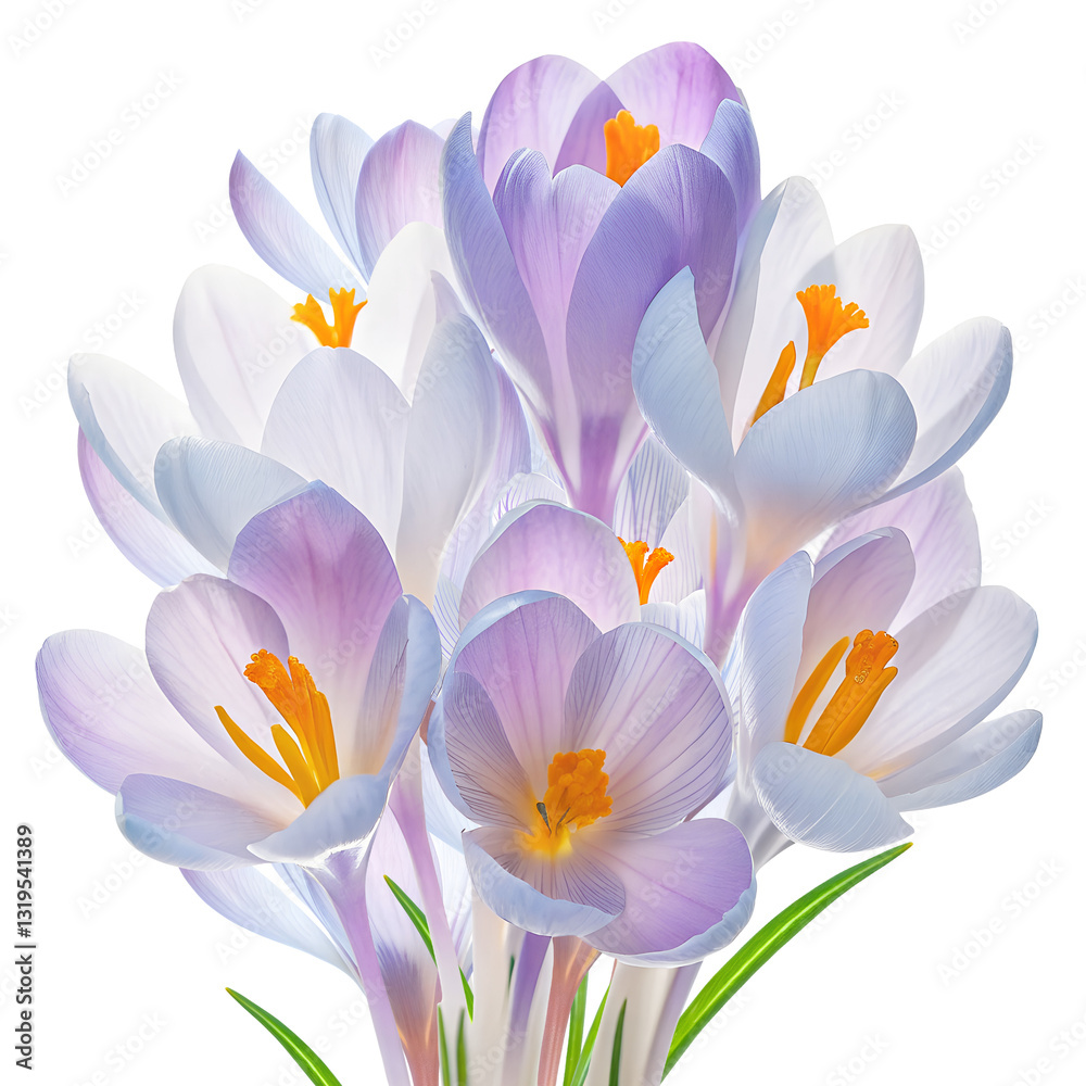 Bouquet of spring crocus flower, delicate blooming flower bud, full depth of field, isolated on transparent background, clip art, decor, cutout png, closeup. Bouquet of spring crocus flower, delicate blooming flower bud, full depth of field, isolated on transparent background, clip art, decor, cutout png, closeup.
