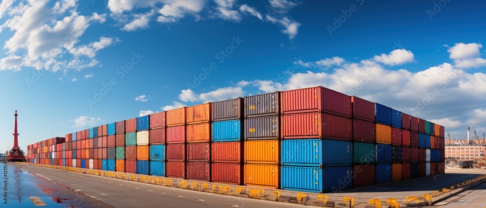 Fototapeta premium Stacked Shipping Cargo Freight Container. Stacked Cargo Shipping Containers Global Trade Logistics. Stack of Cargo Containers. Global Cargo import and Export Logistics Concept with Copy Space. 
