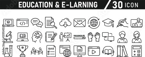 Education and E-Learning icon set. Tuition, e-learning, Batch, educational tools, and digital education icons. Solid icon collection.