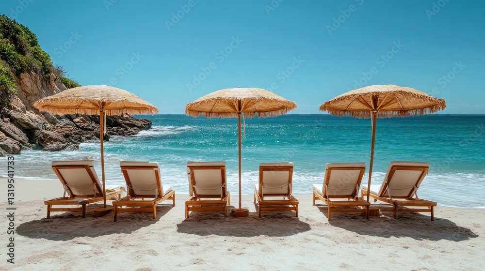 Obraz premium Empty beach chairs and umbrellas on a pristine white sand beach, turquoise ocean