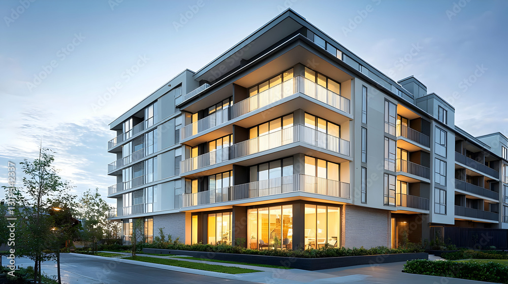 Modern Apartment Building Exterior With Illuminated Windows At Twilight In Suburban Cityscape With Landscaping Modern Apartment Building Exterior With Illuminated Windows At Twilight In Suburban Cityscape With Landscaping