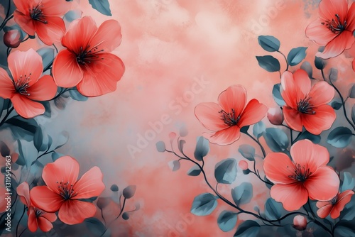 Floral Design With Pink Flowers and Dark Leaves in a Soft Blue Background
