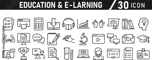 Education and E-Learning icon set. Tuition, e-learning, Batch, educational tools, and digital education icons. Solid icon collection.