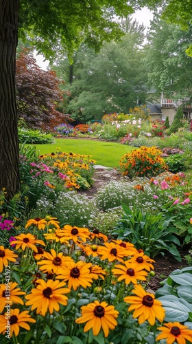Vibrant Spring Garden Pathway Adorned With Colorful Flowers and Lush Greenery