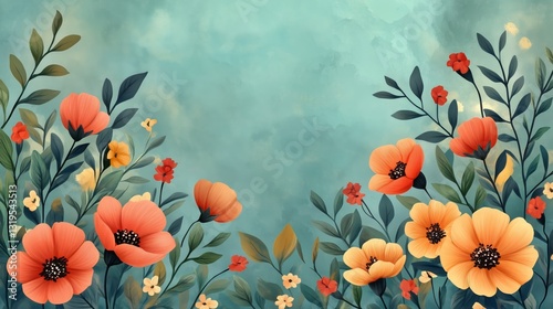 Colorful Floral Border With Blue and Orange Flowers on Soft Background for Cr...