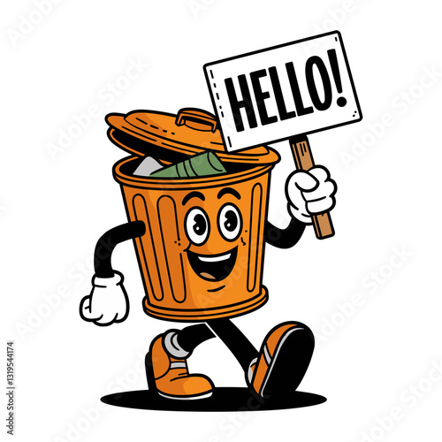 A playful retro character designed as a walking trash bin carries a sign saying Hello!