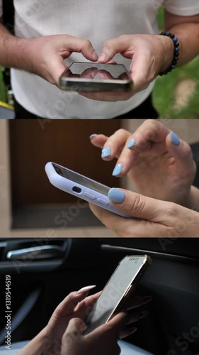hands of people using mobile phone. Collage