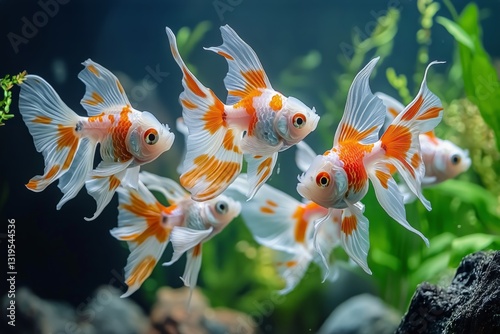 Colorful Goldfish Swim Gracefully in a Vibrant Aquarium Filled With Plants an...