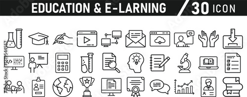 Education and E-Learning icon set. Tuition, e-learning, Batch, educational tools, and digital education icons. Solid icon collection.