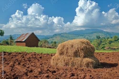 Hay Bales Resting on Farmland With Mountains and Overcast Sky in the Background