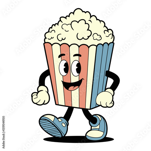 Vector cheerful retro cartoon popcorn character strolls with a happy expression