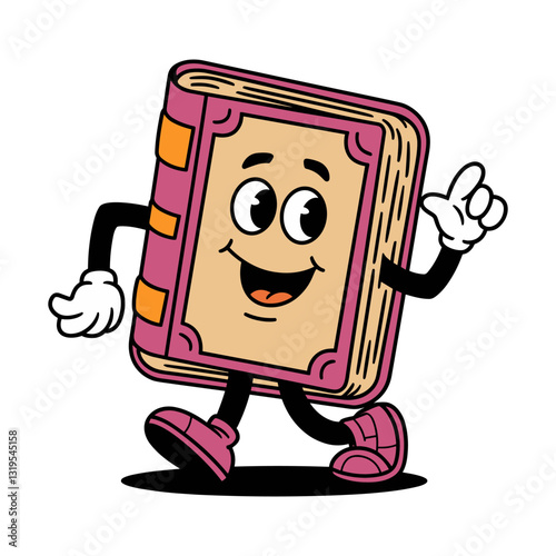 Cartoon happy book character walking with cheerful expression, vector groovy illustration