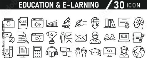 Education and E-Learning icon set. Tuition, e-learning, Batch, educational tools, and digital education icons. Solid icon collection.