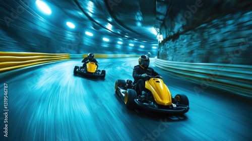 Obraz na płótnie Fast Go-Kart Racing in Neon-Lit Tunnel with Motion Blur Effects w salonie