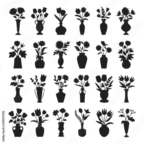  vase silhouette vector illustration. Bundle of silhouette flowers in pots gardening theme set design white background vector illustration