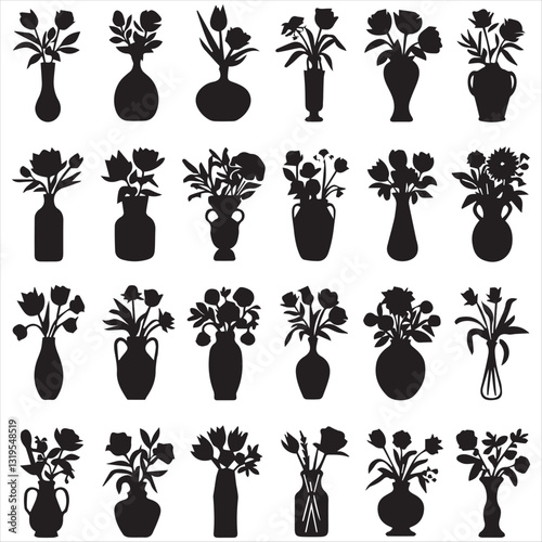 vase silhouette vector illustration. Bundle of silhouette flowers in pots gardening theme set design white background vector illustration