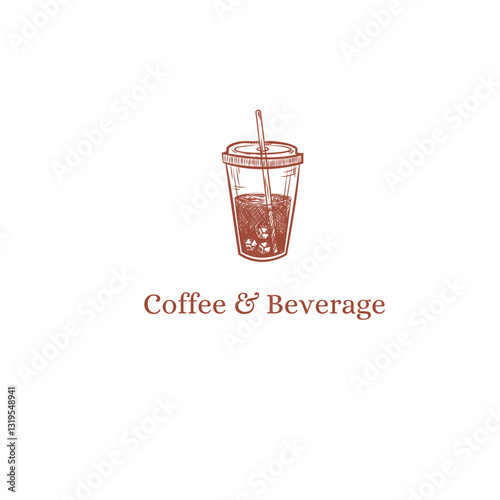 Coffee & Beverage: A detailed illustration showcases a refreshing iced beverage in a clear plastic cup with ice cubes and a straw, inviting the viewer to imagine its chilled taste.