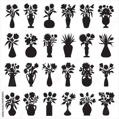  vase silhouette vector illustration. Bundle of silhouette flowers in pots gardening theme set design white background vector illustration