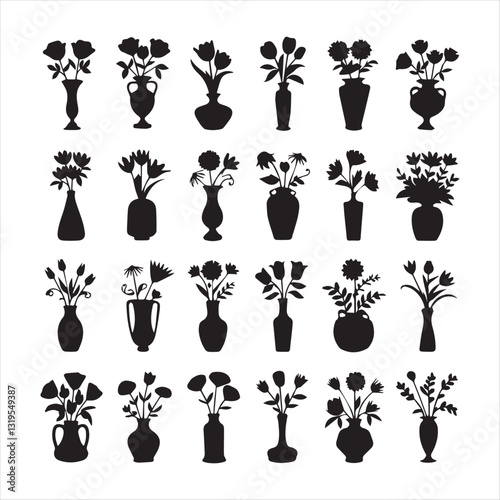  vase silhouette vector illustration. Bundle of silhouette flowers in pots gardening theme set design white background vector illustration