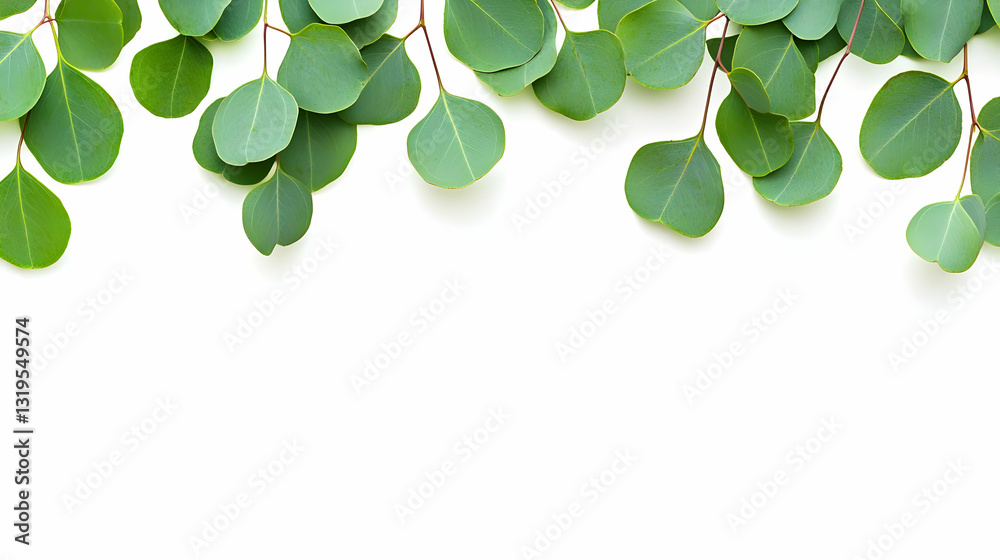Overhead View of Green Eucalyptus Leaves and Branches Against a White Background Overhead View of Green Eucalyptus Leaves and Branches Against a White Background