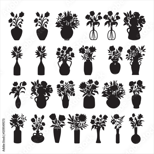  vase silhouette vector illustration. Bundle of silhouette flowers in pots gardening theme set design white background vector illustration