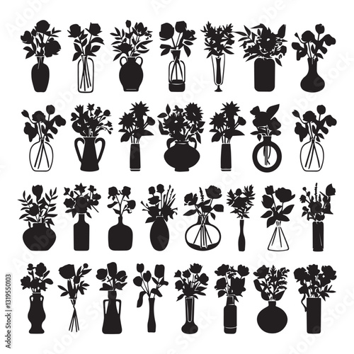  vase silhouette vector illustration. Bundle of silhouette flowers in pots gardening theme set design white background vector illustration