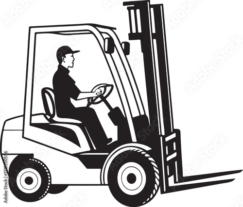 Forklift Operator: A black and white illustration of a forklift with an operator at work, capturing the essence of industrial efficiency and logistical precision.