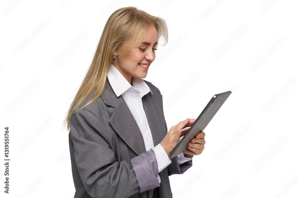 Young professional woman using tablet while smiling in a modern office environment Young professional woman using tablet while smiling in a modern office environment
