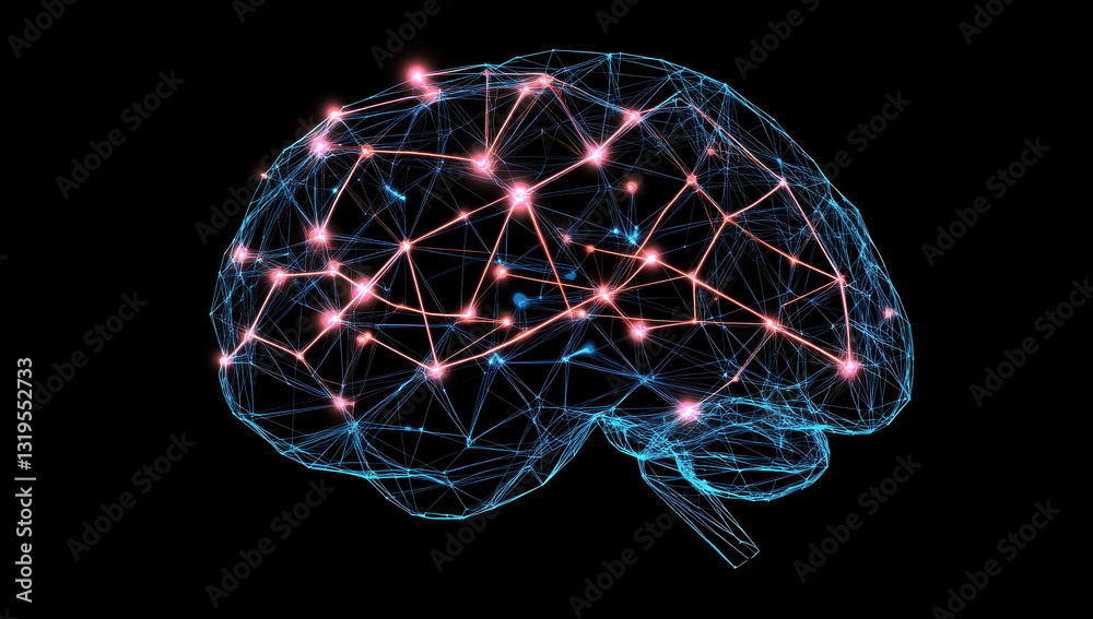 digital representation of brain with interconnected nodes and glowing lines, symbolizing neural networks and technology. This evokes sense of innovation and intelligence digital representation of brain with interconnected nodes and glowing lines, symbolizing neural networks and technology. This evokes sense of innovation and intelligence