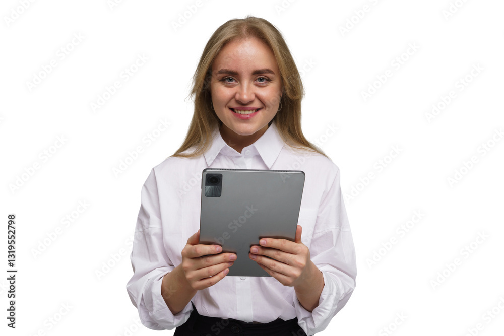 Smiling young woman in a white shirt holds a tablet while standing against a plain background Smiling young woman in a white shirt holds a tablet while standing against a plain background