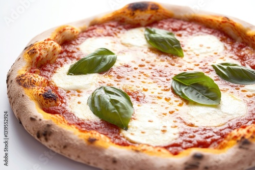 close-up photo of freshly baked margherita pizza with bubbling mozzarella and vibrant basil leaves photo