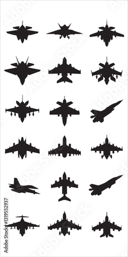 Airplane Icon silhouettes Compilation with Fighter Aircrafts, Airplane silhouette vector collection. airplane icon bundle. Using of any design vector file. aircraft icon silhouette vector icon.