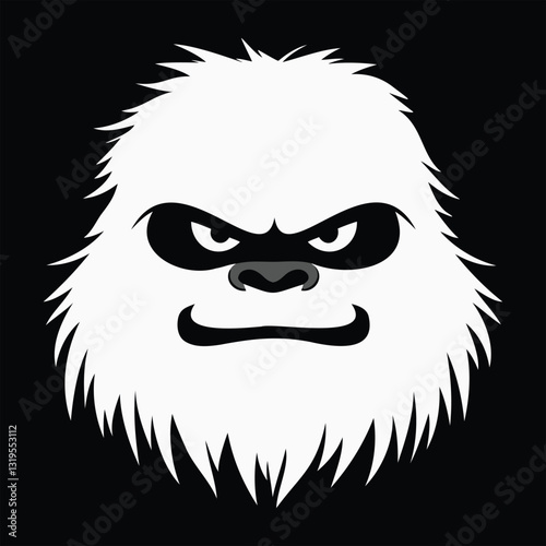 Black and white yeti face illustration with fierce expression on dark background, yeti and background on separate layers.