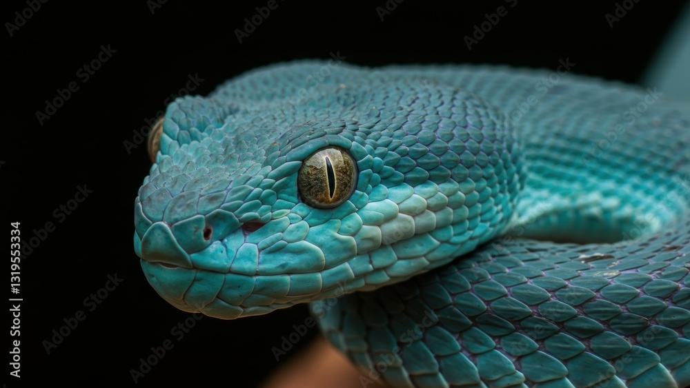Fototapeta premium Green tree python close up displaying vibrant scales and striking eyes, highlighting exotic wildlife themes