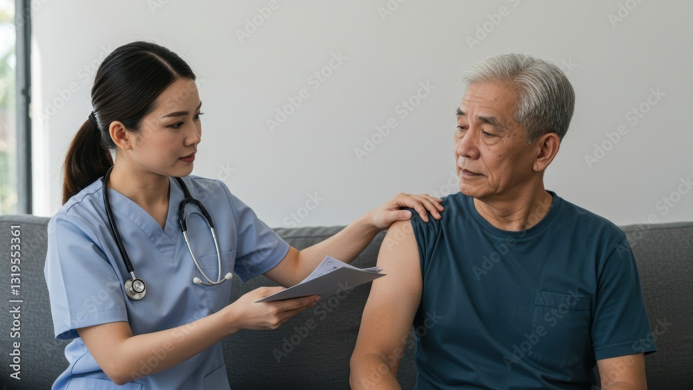 Asian nurse provides vaccination consultation to senior man at home, emphasizing healthcare access and community health Asian nurse provides vaccination consultation to senior man at home, emphasizing healthcare access and community health