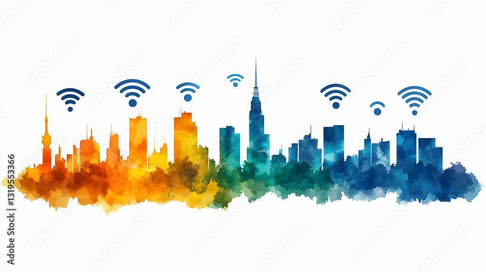 Obraz premium Smart city wireless network skyline
