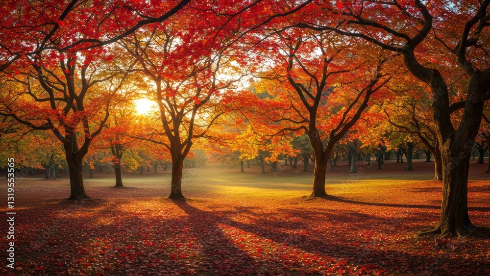 Colorful autumn maple trees in a park during golden hour, creating a serene atmosphere with vibrant leaves Nature appreciation Colorful autumn maple trees in a park during golden hour, creating a serene atmosphere with vibrant leaves Nature appreciation