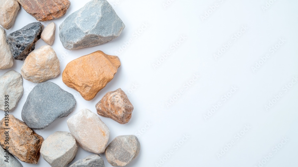 decorative stones of various shapes and sizes scattered elegantly on pristine white background decorative stones of various shapes and sizes scattered elegantly on pristine white background
