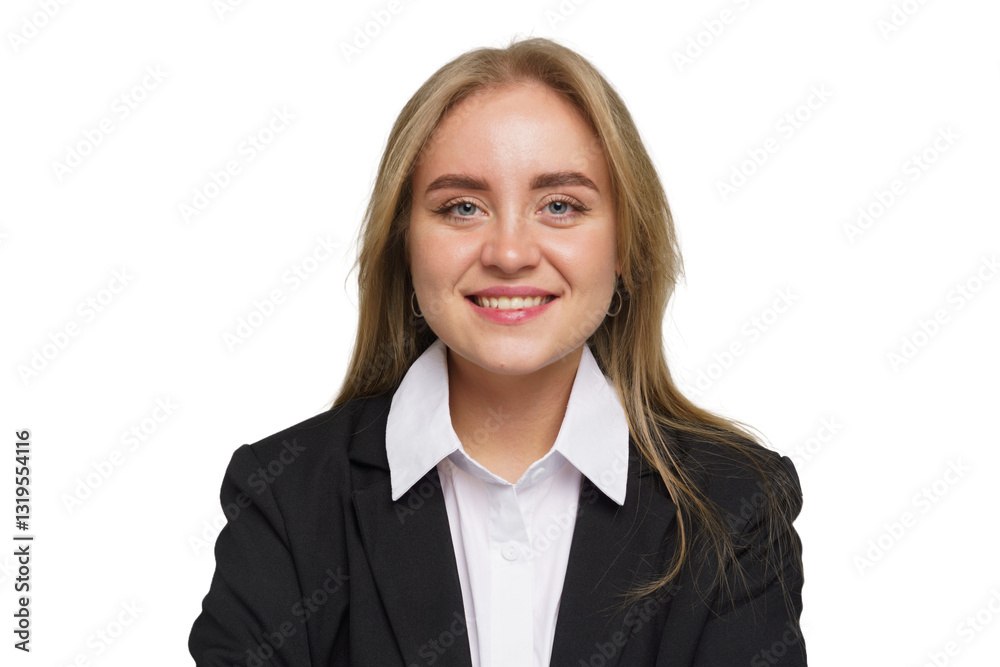 Young professional woman in a formal suit smiling confidently in a studio setting Young professional woman in a formal suit smiling confidently in a studio setting