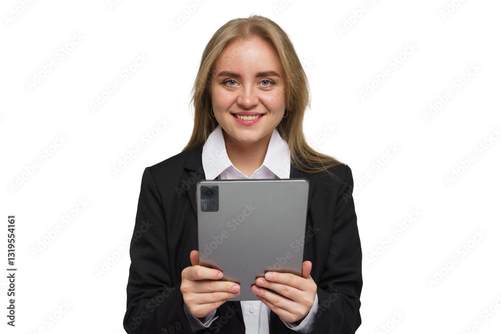 Professional woman smiling and holding a tablet in a business setting Professional woman smiling and holding a tablet in a business setting